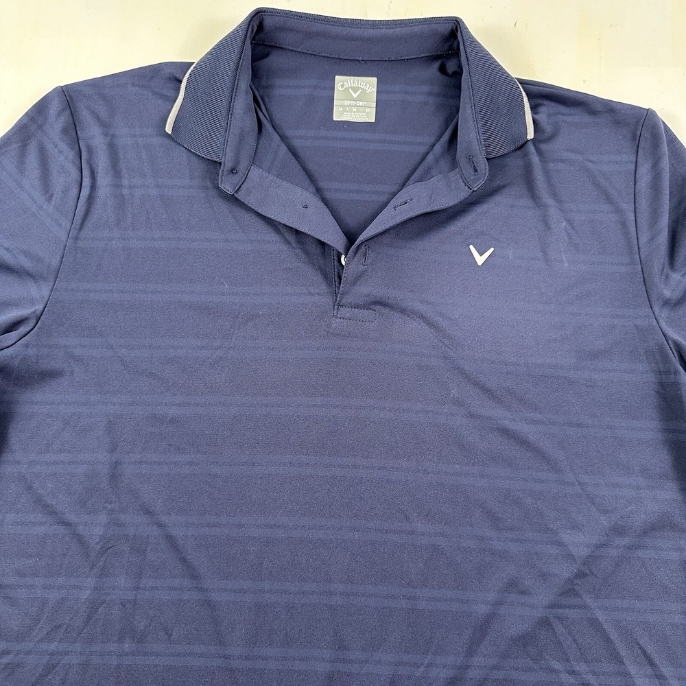 Callaway Golf Mens Opti-Dri‎ Polo Shirt Medium Navy Blue Stripes Short Sleeve